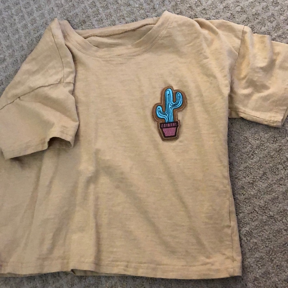 Tan crop-top, embroidered cactus